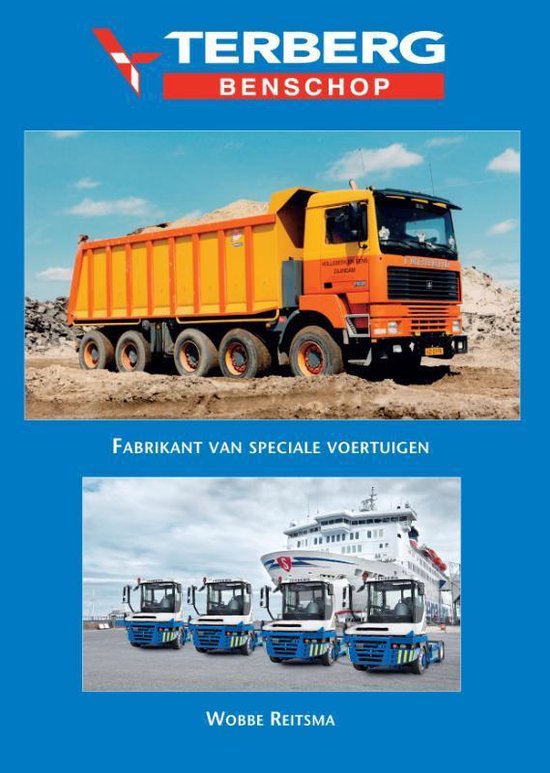 Gele kipperwagen met oranje cabine en de tekst 'FABRIKANT VAN SPECIALE VOERTUIGEN'. Vier witte, blauw-grijze voertuigen voor een veerboot met de tekst 'WOBBE REITSMA'.