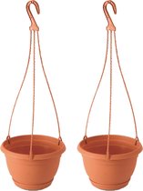 2x Stuks terracotta ophang bloempot/plantenpot kunststof met schotel 3 liter - 24 cm - Tuin hangdecoratie