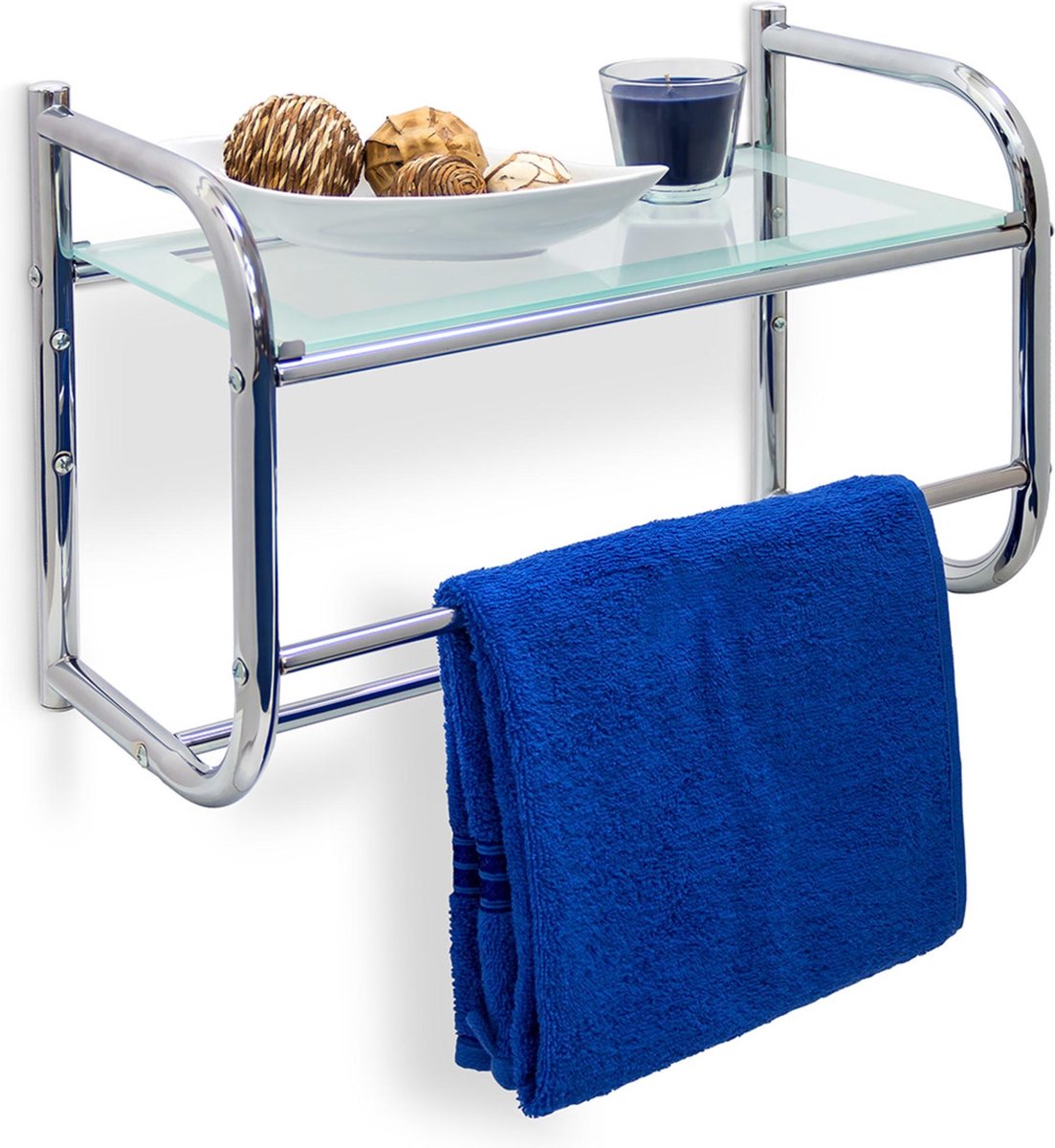 Relaxdays handdoekhouder met plateau uit glas, handdoekrek, plankje, 2 stangen