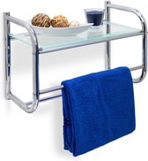 Relaxdays handdoekhouder met plateau van glas - handdoekrek - plankje - 2 stangen