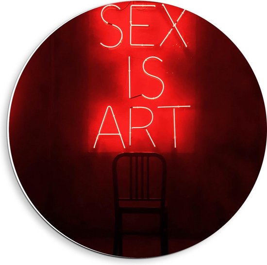 Forex Wandcirkel - ''Sex is Art'' Rode Letters met Stoel - 40x40cm Foto op Wandcirkel (met ophangsysteem)