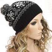 Warme fleece gevoerde dames wintermuts met pompon kleur zwart met grijs