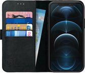 Rosso Deluxe Echt Leer Book Case Hoesje Geschikt voor Apple iPhone 12 Pro Max | Ruimte voor drie pasjes | Portemonnee Book Case | Met Pasjeshouder | Zwart