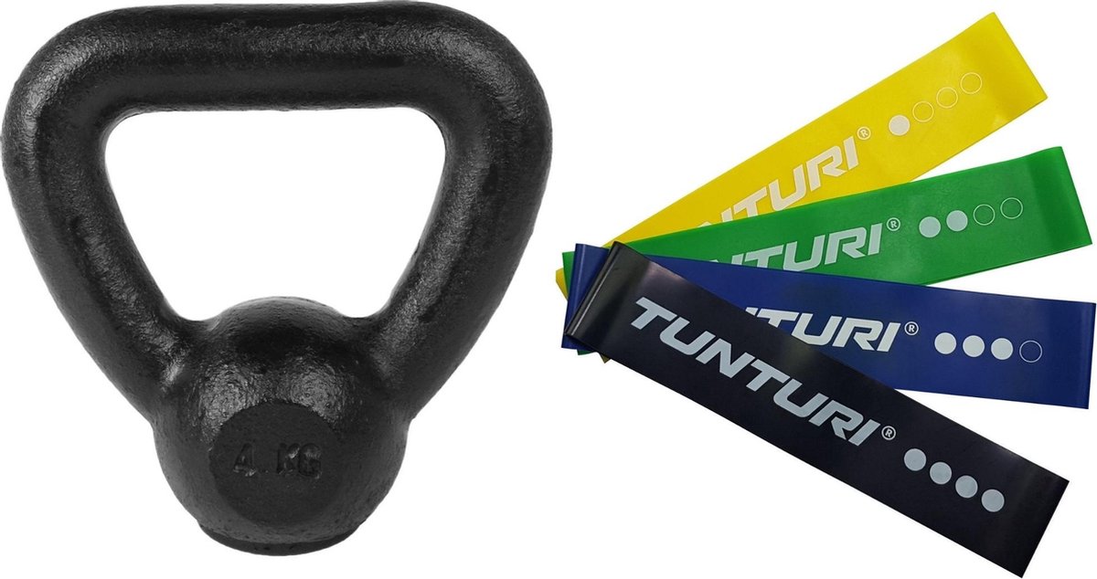 Tunturi - Fitness Set - Weerstandsbanden 4 stuks - Kettlebell 4 kg