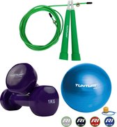 Tunturi - Fitness Set - Vinyl Dumbbell 2 x 1 kg - Gymball Blauw 90 cm - Springtouw Groen