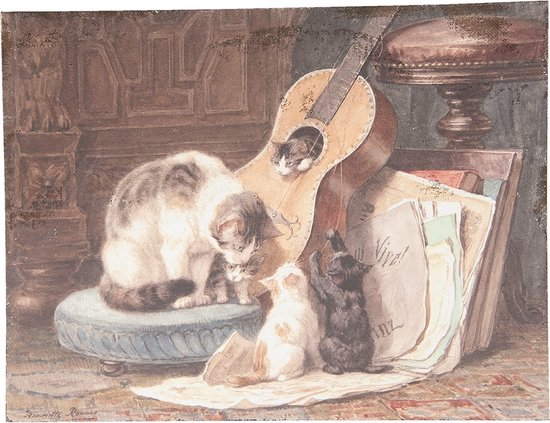 Clayre & Eef Schilderij 73*3*55 cm Meerkleurig Jute Rechthoek Katten Muurdecoratie Wanddecoratie