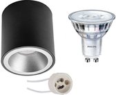 Opbouwspot Set - Pragmi Cliron Pro - GU10 Fitting - Opbouw Rond - Mat Zwart/Zilver - Verdiept - Ø90mm - Philips - SceneSwitch 827 36D - 1.5W-5W - Warm Wit 2200K-2700K - Dimbaar - BSE
