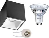 Opbouwspot Set - Pragmi Cliron Pro - GU10 Fitting - Opbouw Vierkant - Mat Zwart/Wit - Verdiept - 90mm - Philips - SceneSwitch 827 36D - 1.5W-5W - Warm Wit 2200K-2700K - Dimbaar