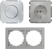 GAMMA dimmer + wandcontactdoos met randaarde + afdekraam | serie Everest | inbouw | 230V electronische dimmer | 5 - 500 watt | niet geschikt voor LED | COMPLETE SET | zilver