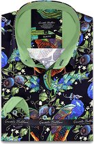Heren Overhemd - Slim Fit - Peafowl Motive Satijn - Zwart - Maat XXL
