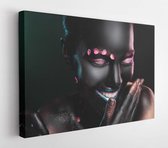 Portrait of beautiful young woman with surreal makeup on dark background  - Modern Art Canvas - Horizontal - 1153449655 - 115*75 Horizontal