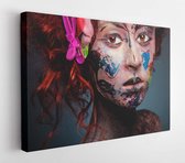 Young woman with glamorous bizarre face art red curly hair with clips and glowing brown eyes on dark blue background in studio  - Modern Art Canvas  - Horizontal - 293064002 - 40*3