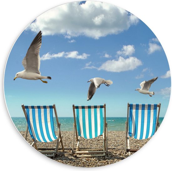 Forex Wandcirkel - Meeuwen boven Strandstoelen - 60x60cm Foto op Wandcirkel (met ophangsysteem)