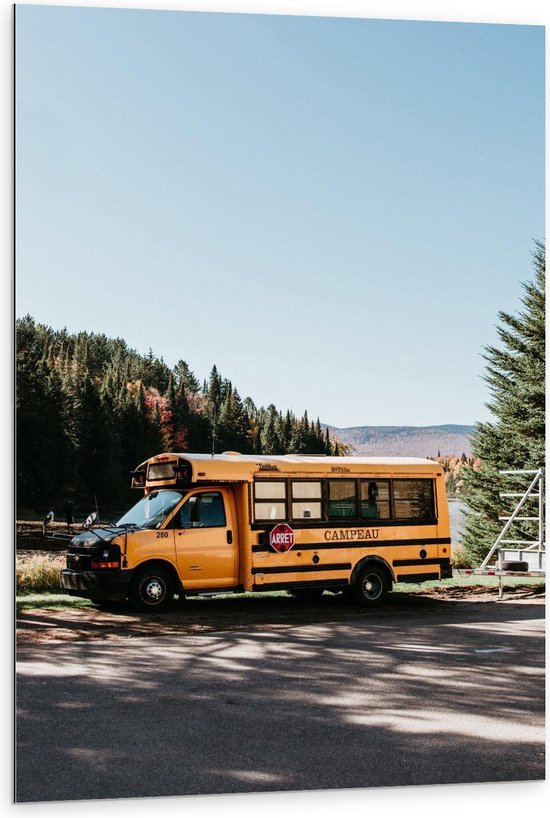 Dibond - Gele Schoolbus in de Berg - 80x120cm Foto op Aluminium (Wanddecoratie van metaal)