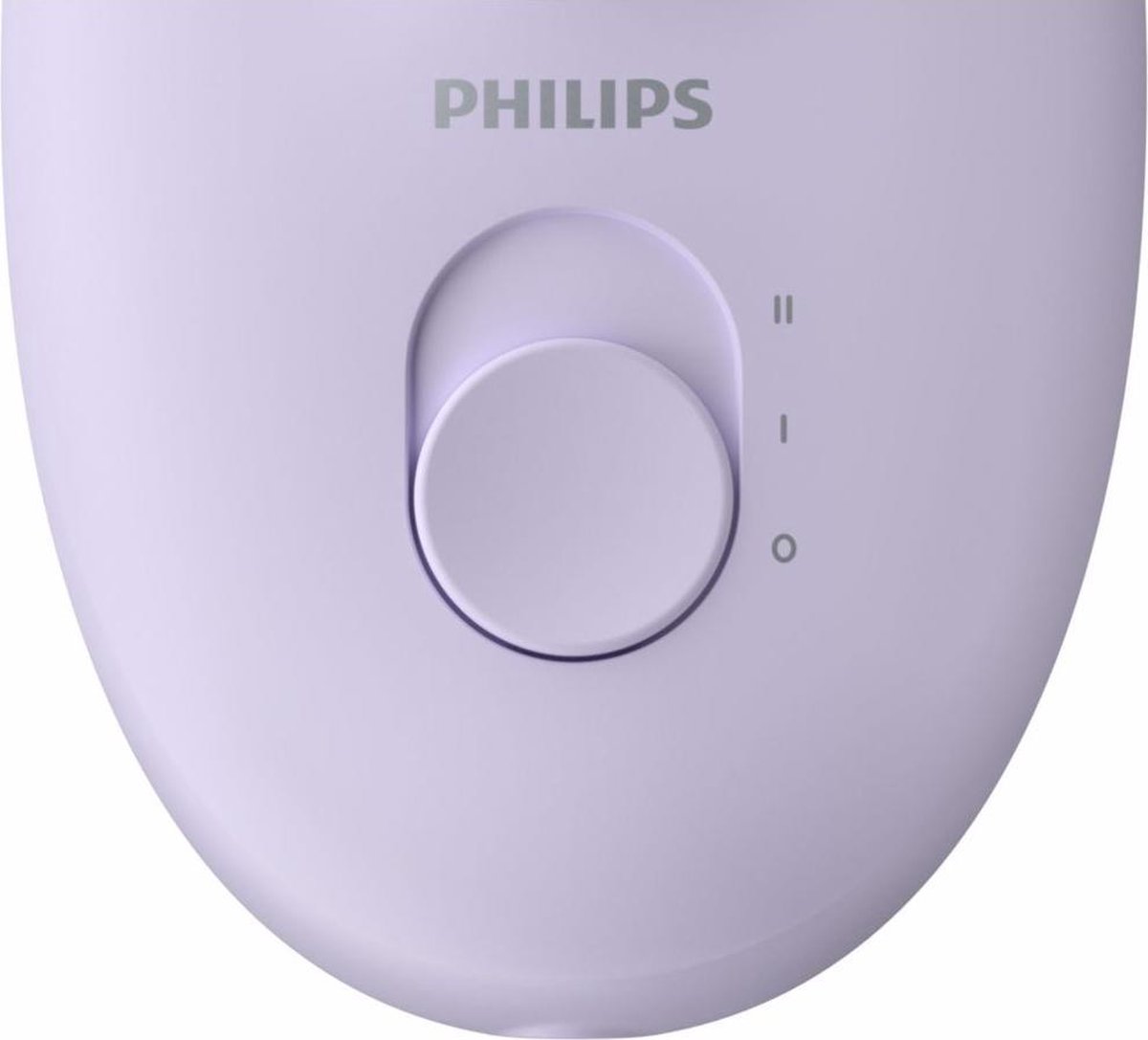 Lichtpaarse Philips epilator met accessoires: scheerkop, trimmerkam, opzetstuk en opbergzakje.