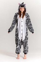 KIMU Onesie zebra pak kostuum zwart wit gestreept - maat S-M - zebrapak jumpsuit huispak