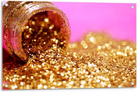 Tuinposter – Potje Met Gouden Glitters Voor een Roze Achtergrond - 90x60cm Foto op Tuinposter  (wanddecoratie voor buiten en binnen)