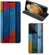 Smartphone Hoesje Samsung Galaxy S21 Ultra Mobiel Bookcase Wood Heart
