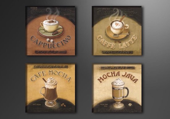 Schilderij - 4 soorten koffie, 4x 20cm. 4 delen, wanddecoratie