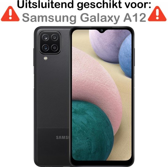Zwarte hoes voor de Samsung Galaxy A12, achterkant en voorkant met scherm.