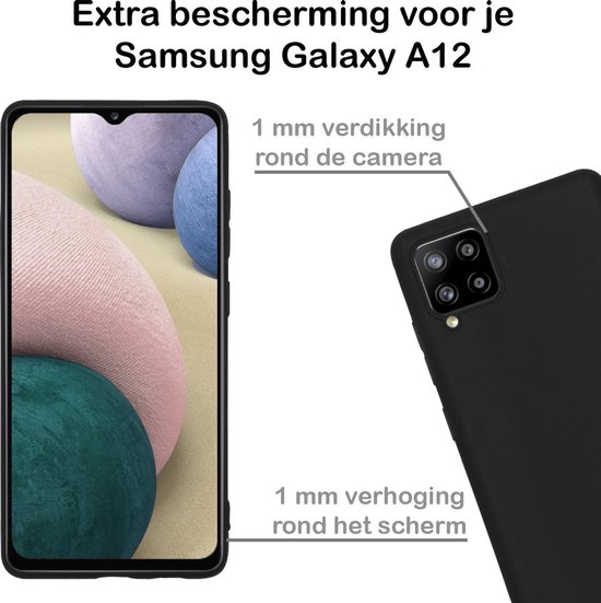 Afmetingen van de zwarte Samsung A12 hoes: 1mm verdikking rond camera en scherm.