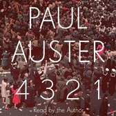 Boekomslag van "4 3 2 1" door Paul Auster, met een menigte mensen op de achtergrond.