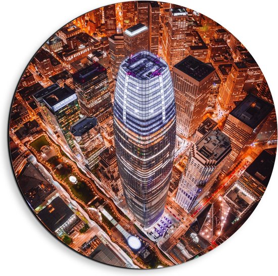 Dibond Wandcirkel - Salesforce Tower Verlichting - San Francisco - 40x40cm Foto op Aluminium Wandcirkel (met ophangsysteem)