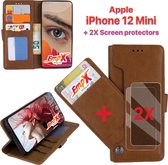 EmpX.nl Apple iPhone 12 Mini Khaki Boekhoesje en 2x Screen Protector | Portemonnee Book Case | Met Multi Stand Functie | Kaarthouder Card Case | Beschermhoes Sleeve | Met Pasjeshou