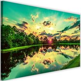 Schilderij Zonsopkomst bij meer, 2 maten, groen/blauw, Premium print