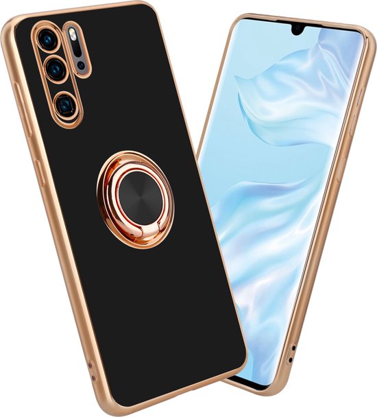 Coque Cadorabo pour Huawei P30 PRO en Zwart Brillant - Or avec anneau - Coque de protection en silicone TPU souple, avec protection pour appareil photo et support de voiture magnétique