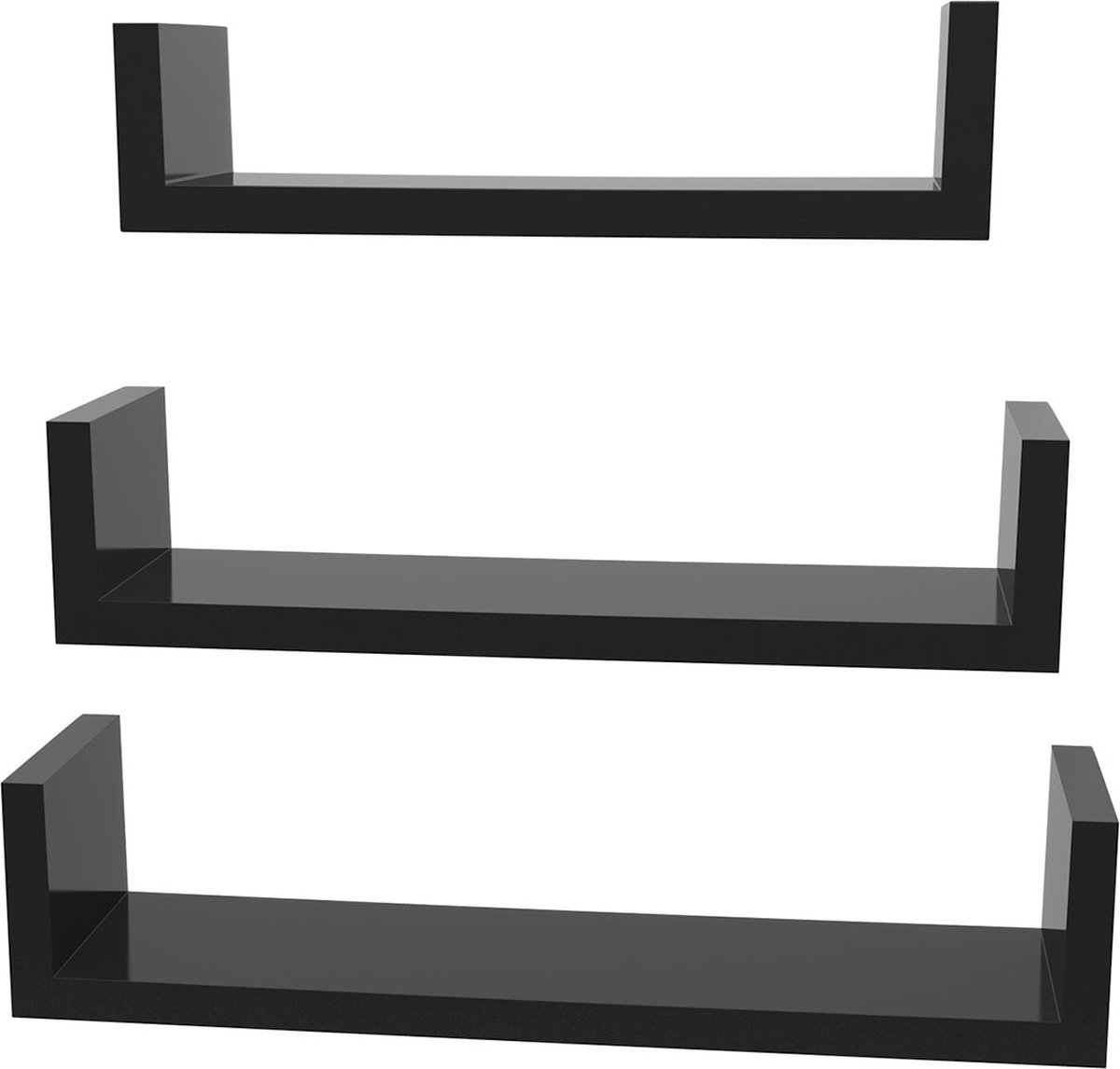 Wandplanken - Set van 3 - Zwevende planken - In U-vorm - hoogglans - Zwart