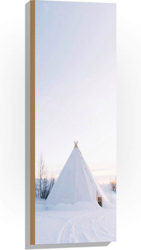 Hout - Tent in de Sneeuw - 30x90 cm - 9 mm dik - Foto op Hout (Met Ophangsysteem)
