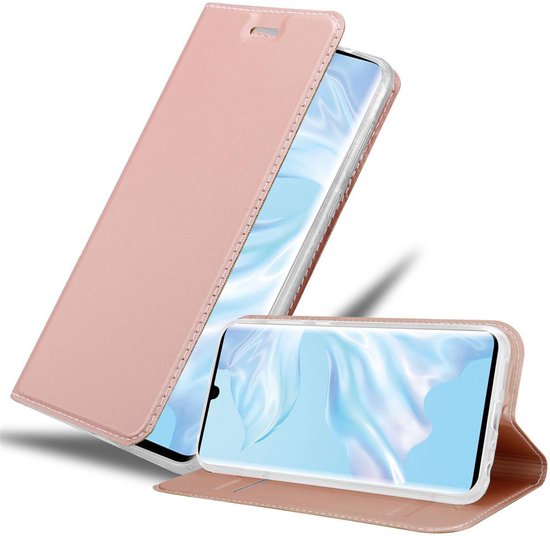 Étui portefeuille rose pour Huawei P30 Pro, fermé et ouvert en mode support.