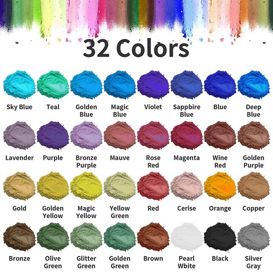 Mica poeder - 32 kleuren epoxyhars pigment, natuurlijke zeepkleurstof,  metallic... | bol.com