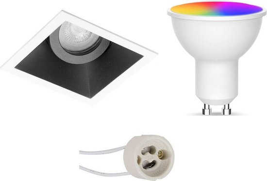 LED Spot Set GU10 - Oficto - Smart LED - Wifi LED - Slimme LED - 5W - RGB+CCT - Aanpasbare Kleur - Dimbaar - Afstandsbediening - Proma Zano Pro - Inbouw Vierkant - Mat Zwart/Wit - Kantelbaar - 93mm
