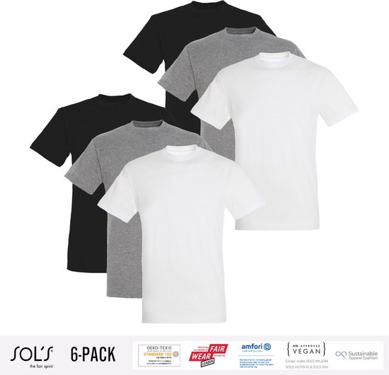 6 Pack Sol's Heren T-Shirt 100% biologisch katoen Ronde hals Zwart, Grijs en Wit Maat L