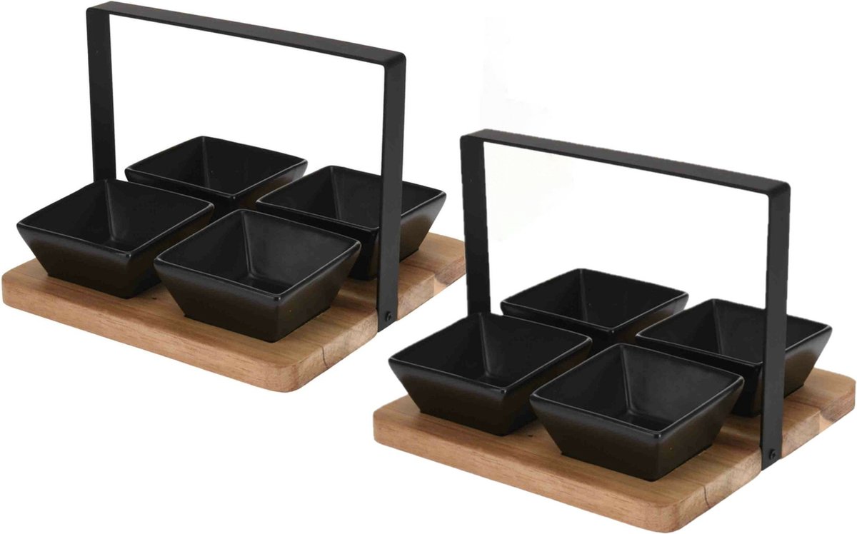 Excellent Houseware serveerplank met 4 schaaltjes - 2x - hout - aardewerk - 22 cm