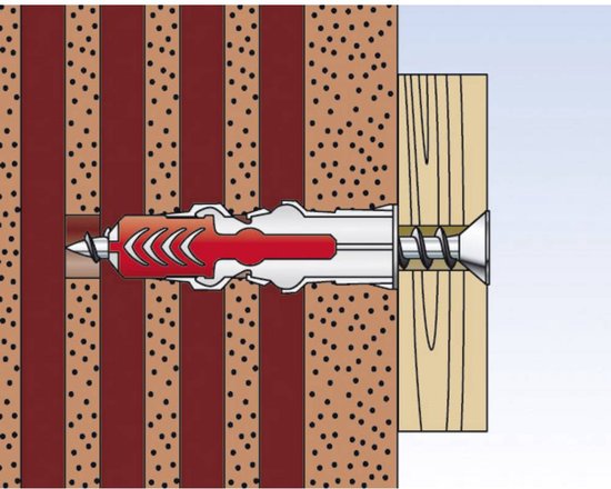 Fischer plug met schroef in geperforeerde bakstenen en houten muur. Rode en witte plug.