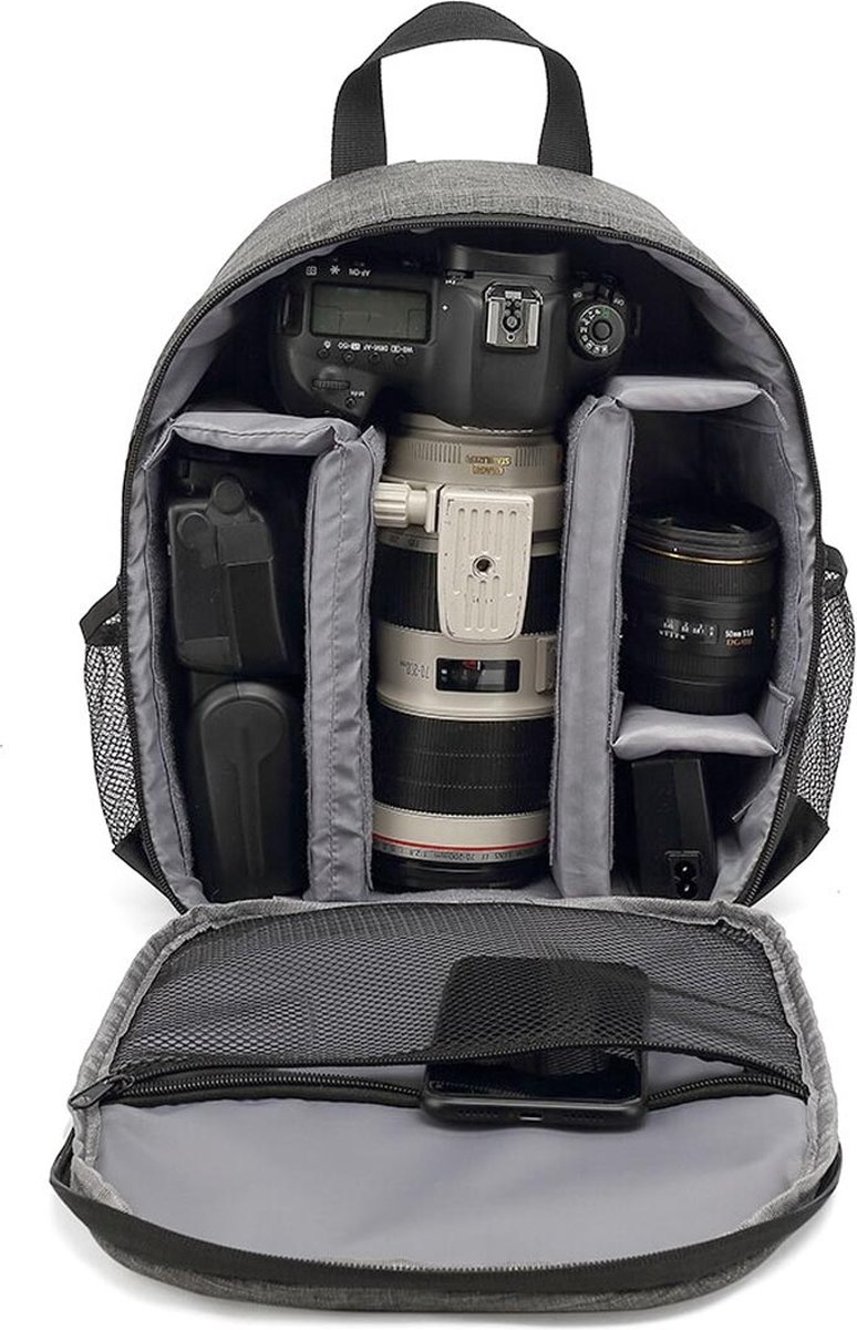 Cameratas spiegelreflex camera rugzak denim grijs – Camera accessoire opbergtas - 34x28x12.5cm - Voor camera, lenzen, laptop en meer