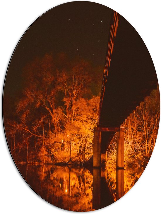 Dibond Ovaal - Brug naar Oranje Bos - 51x68 cm Foto op Ovaal (Met Ophangsysteem)