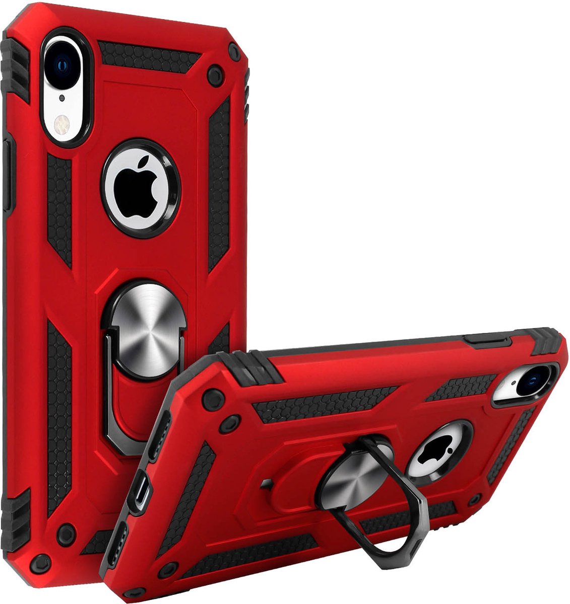 Avizar Hoesje Geschikt voor iPhone XR Bi-materiaal met Ringhouder Standfunctie, Rood
