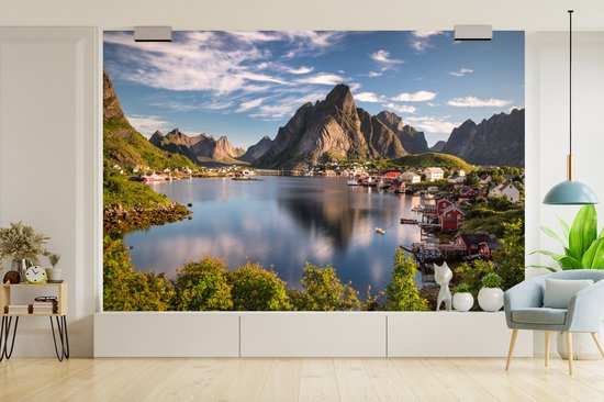 Papier peint - Papier peint Papier peint photo Village au bord d'un lac de montagne - Largeur 330 cm x hauteur 220 cm