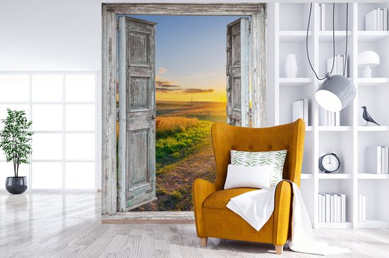 Behang - Fotobehang Doorkijk - Platteland - Landschap - Zon - Breedte 195 cm x hoogte 260 cm