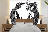Behang - Fotobehang Zwart-wit illustratie van een Chinese draak - Breedte 240 cm x hoogte 240 cm