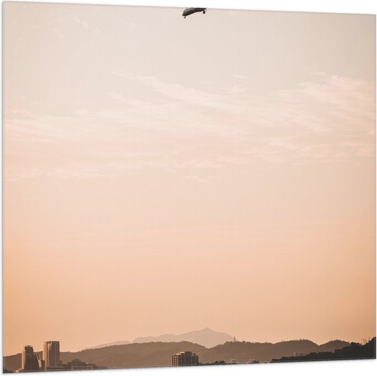 WallClassics - Vlag - Vliegtuig boven de Stad - 100x100 cm Foto op Polyester Vlag