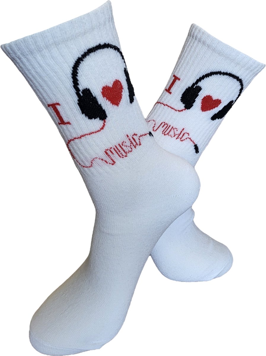 Verjaardags cadeau - I love Music Sokken - vrolijke sokken - witte sokken - tennis sokken - Muziek - sport sokken - valentijns cadeau - sokken met tekst - aparte sokken - grappige sokken - Sokken waar je vrolijk van wordt - maat 37-44