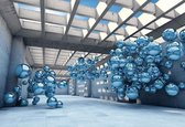 Fotobehang - Vlies Behang - Industriële 3D Ruimte met Blauwe Ballen - Modern - Geometrisch - 416 x 254 cm