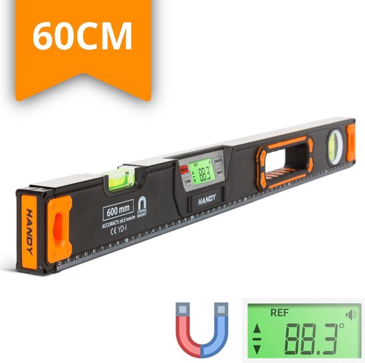 Handy - Digitale Magnetische Waterpas met Magneet en Geluidsignaal - 60CM - LCD Scherm - Tolerantie 0,5mm/M - 60 cm