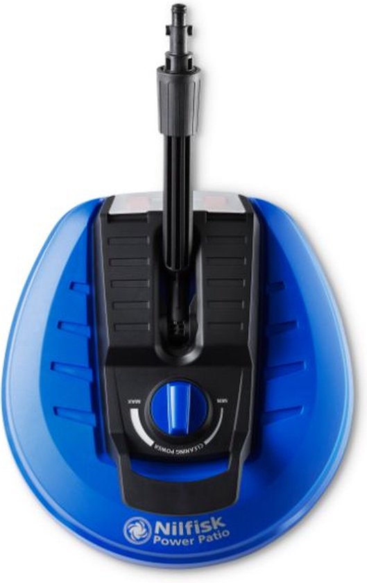Blauwe Nilfisk Power Patio terrasreiniger met zwarte handgreep en instellingenknop.
