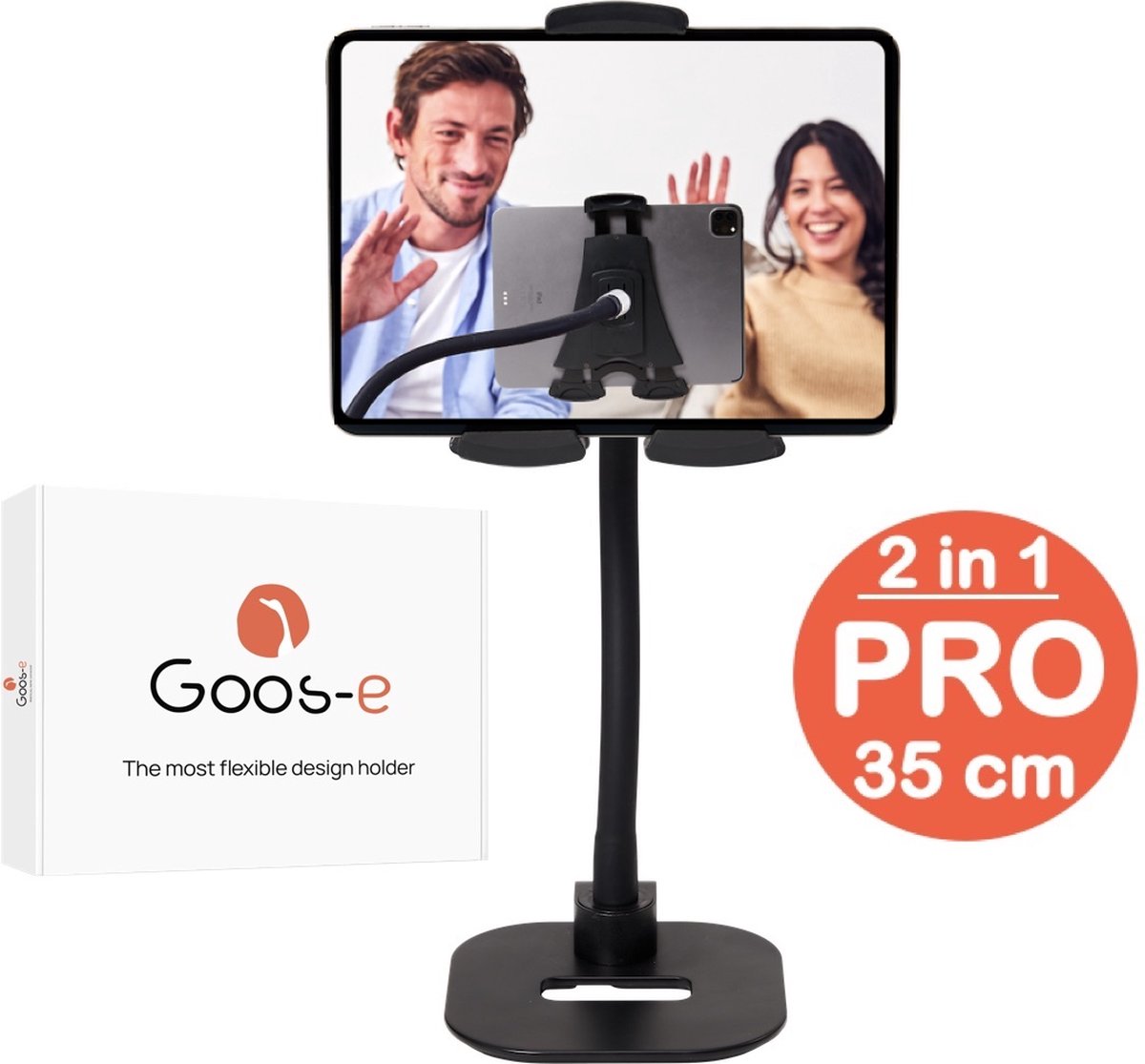 GOOS-E Tablet houder + Telefoonhouder PRO (6-14 inch) - iPad houder standaard - met compacte voet & HALS 35 cm - Flexibel & Stijlvol - o.a. bureau, tafel - NL design